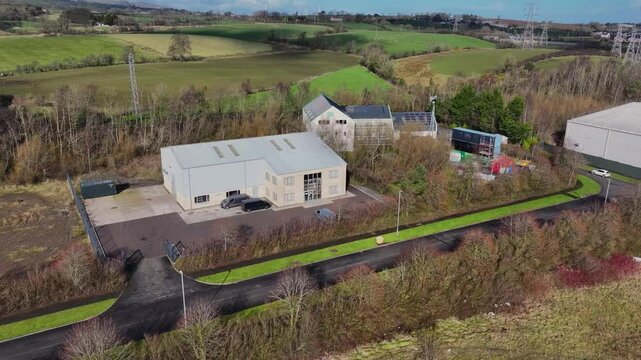 Aerial video of B9 Energy and Blazin Digital Carbon Solutions Old Belfast rd Larne Co Antrim Northern Ireland 14-03-25