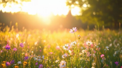Fototapeta premium Bright Summer Meadow Filled with Colorful Wildflowers at Sunset