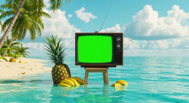 Retro tv on tropical beach with pineapple, bananas, and lemons on vibrant seascape