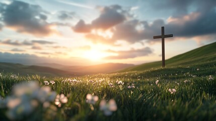 Obraz premium Christian cross on grassy hill at sunset with wildflowers. Spiritual landscape for Easter, Good Friday or resurrection concept. Nature scene with copy space