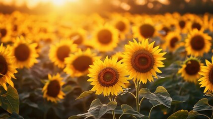 Fototapeta premium Breathtaking Sunflower Field Stretching to the Horizon at Sunset