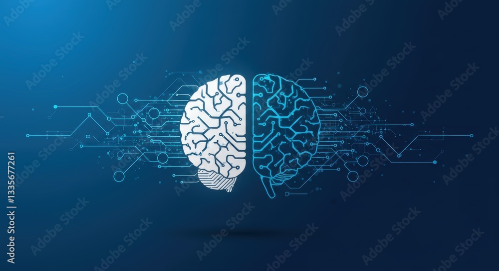 Poster futuristic digital brain with neural network connection on blue background