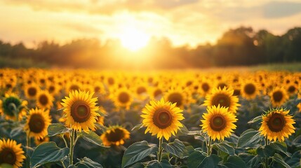 Fototapeta premium Endless Sunflower Field at Sunset with Breathtaking Sky View