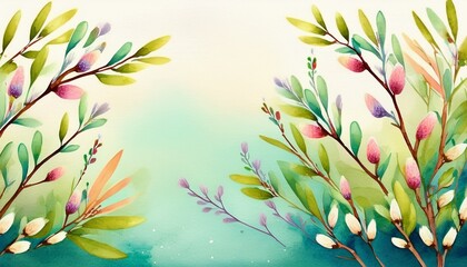 Springtime background in watercolor style with willow branches for Easter greetings and seasonal design