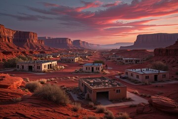 Fototapeta premium Deserted Settlement at Dusk in a Crimson Canyon Landscape