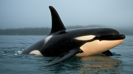 Fototapeta premium Orca Whale Emerging from Misty Ocean Water