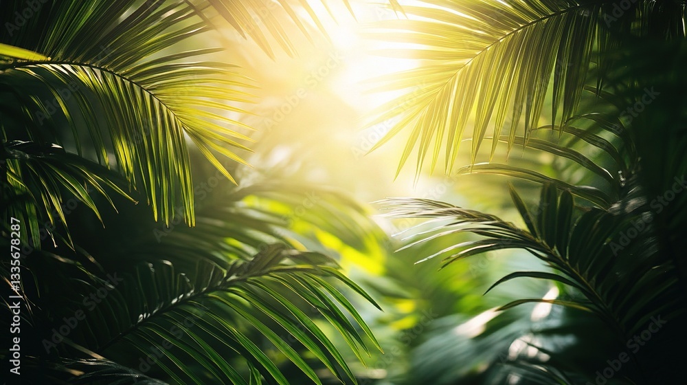 Aufkleber sunlight filtering through lush palm leaves creating a glowing effect