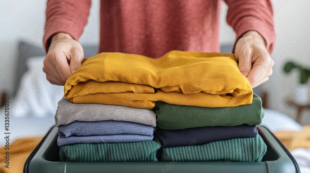 Poster efficiently packing a suitcase with neatly rolled clothing creating a seamless and organized travel 