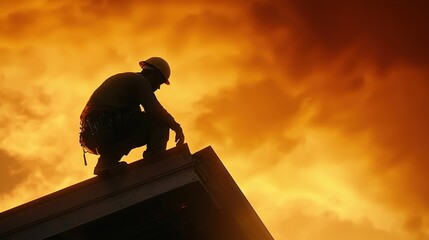 Silhouette of Firefighter on Rooftop at Sunset