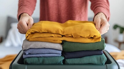 Efficiently packing a suitcase with neatly rolled clothing creating a seamless and organized travel experience  The image showcases an organized and minimalist approach to packing