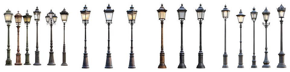 Set of vintage lamp posts isolated on transparent background.PNG Set of