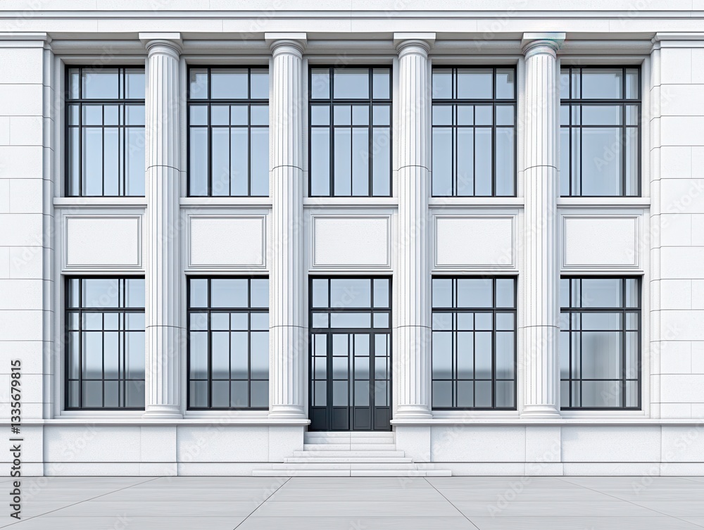 Aufkleber modern architectural facade with large windows and columns in a city setting
