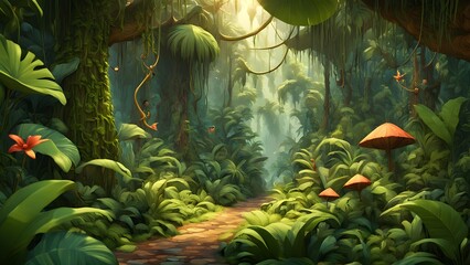 Fototapeta premium A digital illustration an enchanting jungle path, showcasing vibrant green foliage, large leaves, stone walkway, sunlight filtering through canopy.