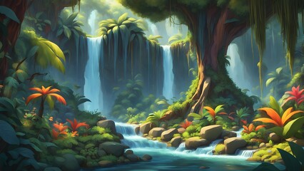 Serene jungle scene a cascading waterfall flowing through vibrant green foliage colorful tropical plants.