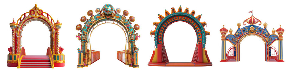 Carnival roller coaster entrance gate isolated on transparent background.PNG Set of