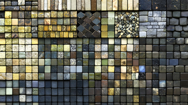 Diverse stone tile samples, texture display, building material, interior design