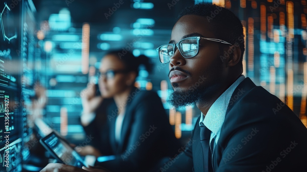 Poster a focused individual in glasses analyzes data on a digital interface, while another person engages o