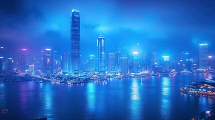 Fototapeta premium Night View of Hong Kong Skyline: A Dazzling Display of Urban Lights and Architectural Wonders