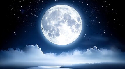 Full moon over calm water at night.