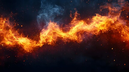 Fototapeta premium A fiery orange and blue abstract flame stream flows dynamically across a dark cosmic background with sparks and smoke.