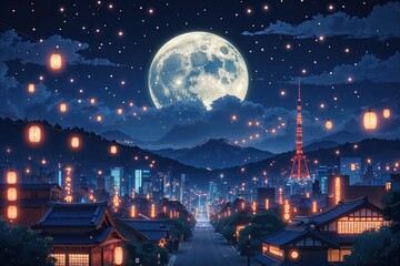 Stunning Japanese Nightscape with Fireflies Full Moon and Shooting Stars in 4k Animation