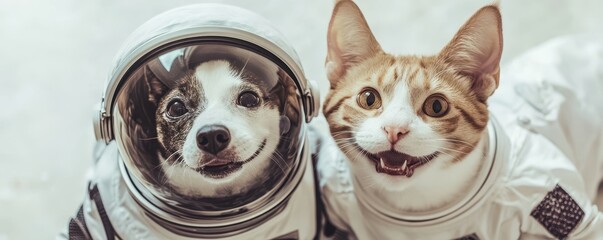 Cute dog and cat in astronaut suits smiling, ready for space adventure, showcasing an adorable interspecies friendship.