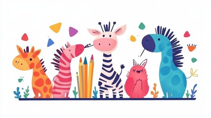 Charming little zebra in a kawaii style, focused on drawing colorful shapes with crayons on a sketchpad, cute and lively, white backdrop 
