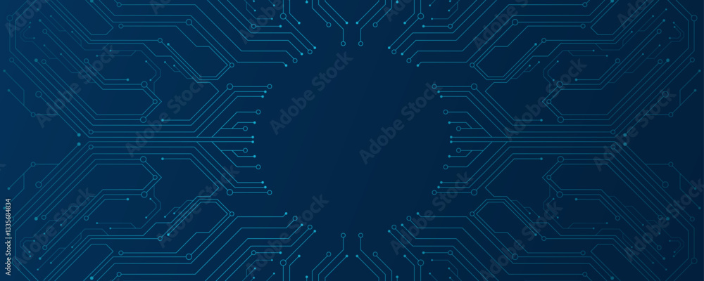 Poster ai circuit board with electronic elements on blue backdrop. ui and gui design. futuristic hi-tech pa