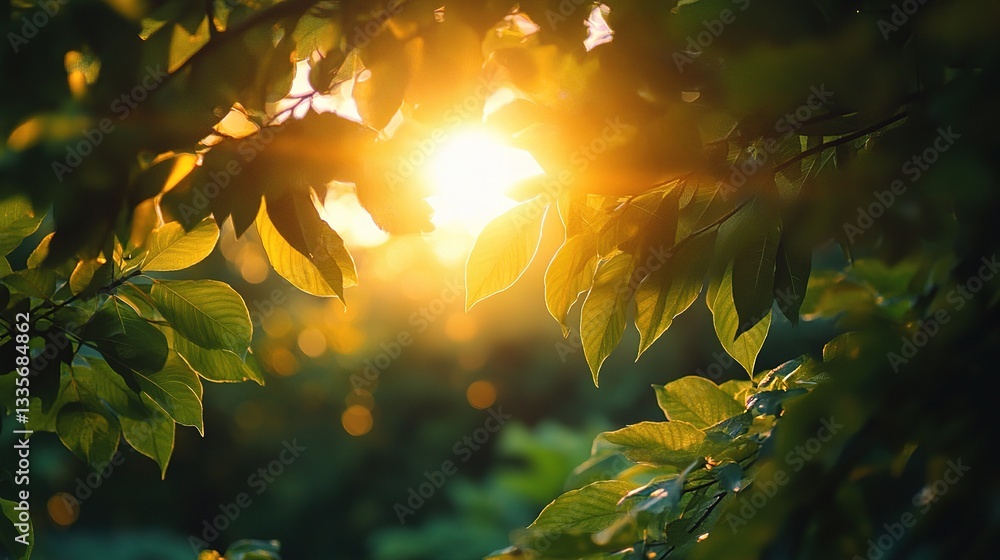 Poster sunlight filtering through leaves in a dense forest setting