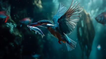 Majestic Kingfisher in Flight, Capturing its Prey