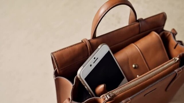 A stylish brown leather handbag neatly organized with essentials, including a smartphone and a wallet, placed on a neutral-toned surface.







