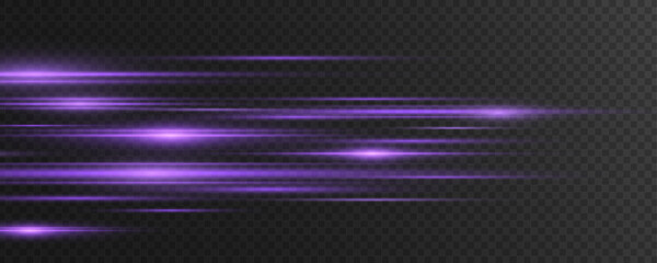 Moving fast purple laser beams on black background. Abstract light effect. Lens flare. Glowing horizontal colorful rays. Vector illustration. EPS 10