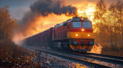 Obraz premium Freight train at sunset through autumnal landscape