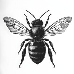 Obraz premium A detailed hand-drawn illustration depicts a honeybee with outstretched wings against a stark white background showcasing intricate linework and
