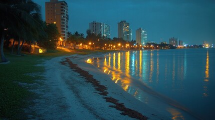 Fototapeta premium Night Cityscape Beachfront Reflection