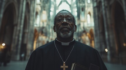 Obraz premium African american priest in cathedral. Senior man wearing clerical collar and cross necklace. Christian faith, religious leadership, and diversity in church concept. Portrait view.