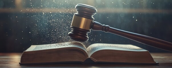 A wooden gavel striking an open book, with dust particles illuminated in the air.