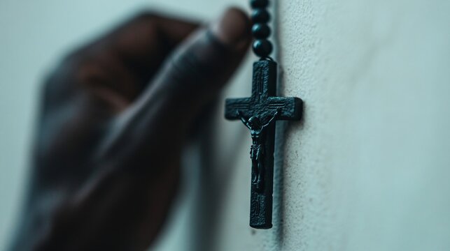 Hand holding rosary with crucifix against blue background. Christian faith symbol. Prayer beads for meditation and worship. Spiritual concept for religious devotion.