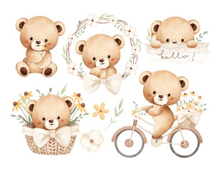 Watercolor Illustration Set of Sleepy Bears and Nature Elements