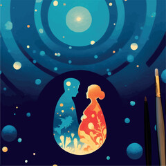 A silhouette of a girl stands on a planet, gazing at a cosmic landscape filled with colorful planets, stars, and space elements in a dreamy kawaii style. A vibrant and imaginative space-themed illustr
