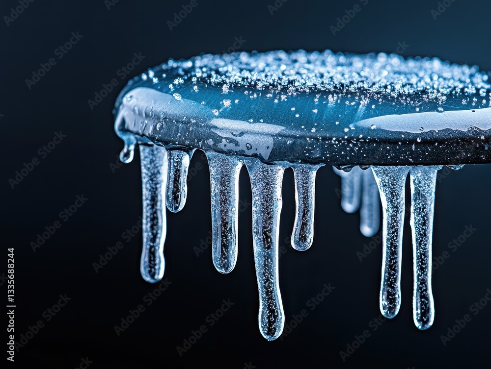 Poster close-up of a melting ice structure with water droplets on a dark background