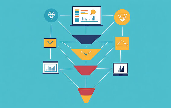 Internet marketing funnel shows data analytics, website conversion with strategic online process, feeling optimistic about lead