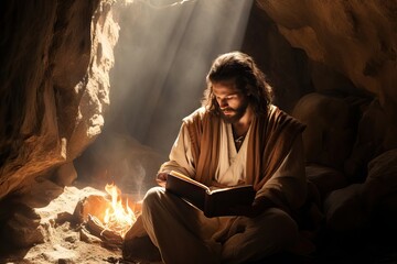 Jesus Christ reading Bible in cave with divine light. Christian faith and Scripture study concept. Easter, Christmas religious concept