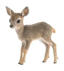Fototapeta premium Adorable Baby Deer Fawn Standing with Delicate Features and Soft Grey Fur Showing Young Wildlife Beauty Isolated on Transparent and White Background