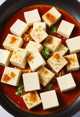 Close-up of a plate of tofu with sauce and parsley