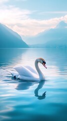 Fototapeta premium Serene Swan on a Mountain Lake at Dawn
