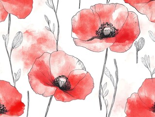 Seamless botanical leaf stencil outline pattern on an abstract watercolor floral background Abstract poppy flower seamless pattern seamless pattern a white background