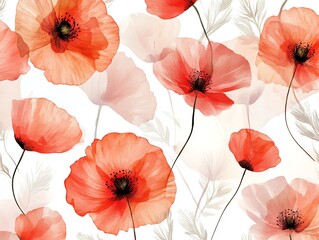 Seamless botanical leaf stencil outline pattern on an abstract watercolor floral background Abstract poppy flower seamless pattern seamless pattern a white background