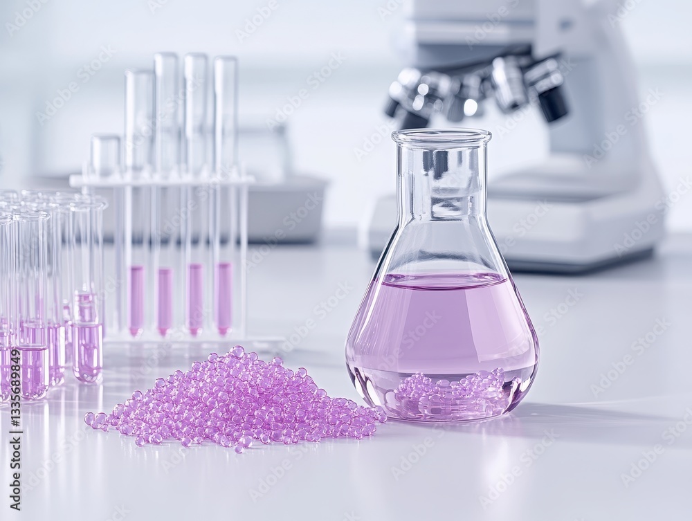 Poster laboratory scene featuring pink liquid in a flask with test tubes and a microscope
