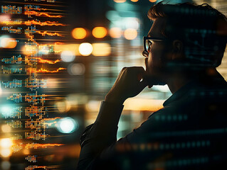 Man contemplates data stream, night city background, technology concept